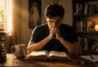 Jovem católico rezando a oração da sabedoria diante da Bíblia Sagrada Católica