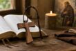 Tau Franciscano de madeira com cordão de três nós e Bíblia aberta