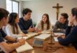 Formação católica de líderes jovens estudando Bíblia e Catecismo