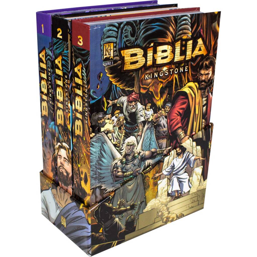 Box completo da Bíblia Kingstone, com os três livros, da bíblia em quadrinhos 