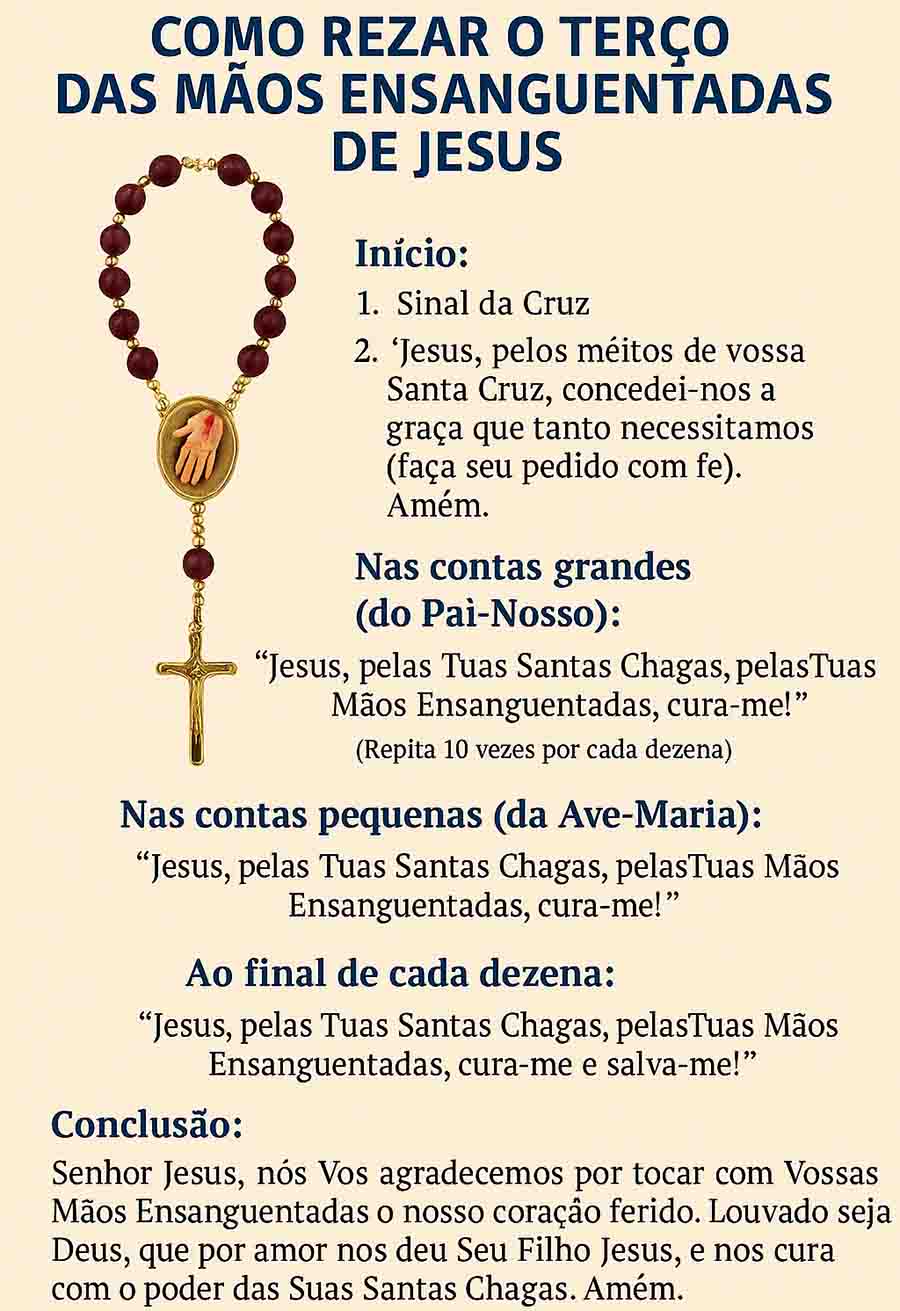 Passo a passo de como rezar o Terço das Mãos Ensanguentadas de Jesus Escrito Completo Passo a passo de como rezar o Terço das Mãos Ensanguentadas de Jesus Escrito Completo
