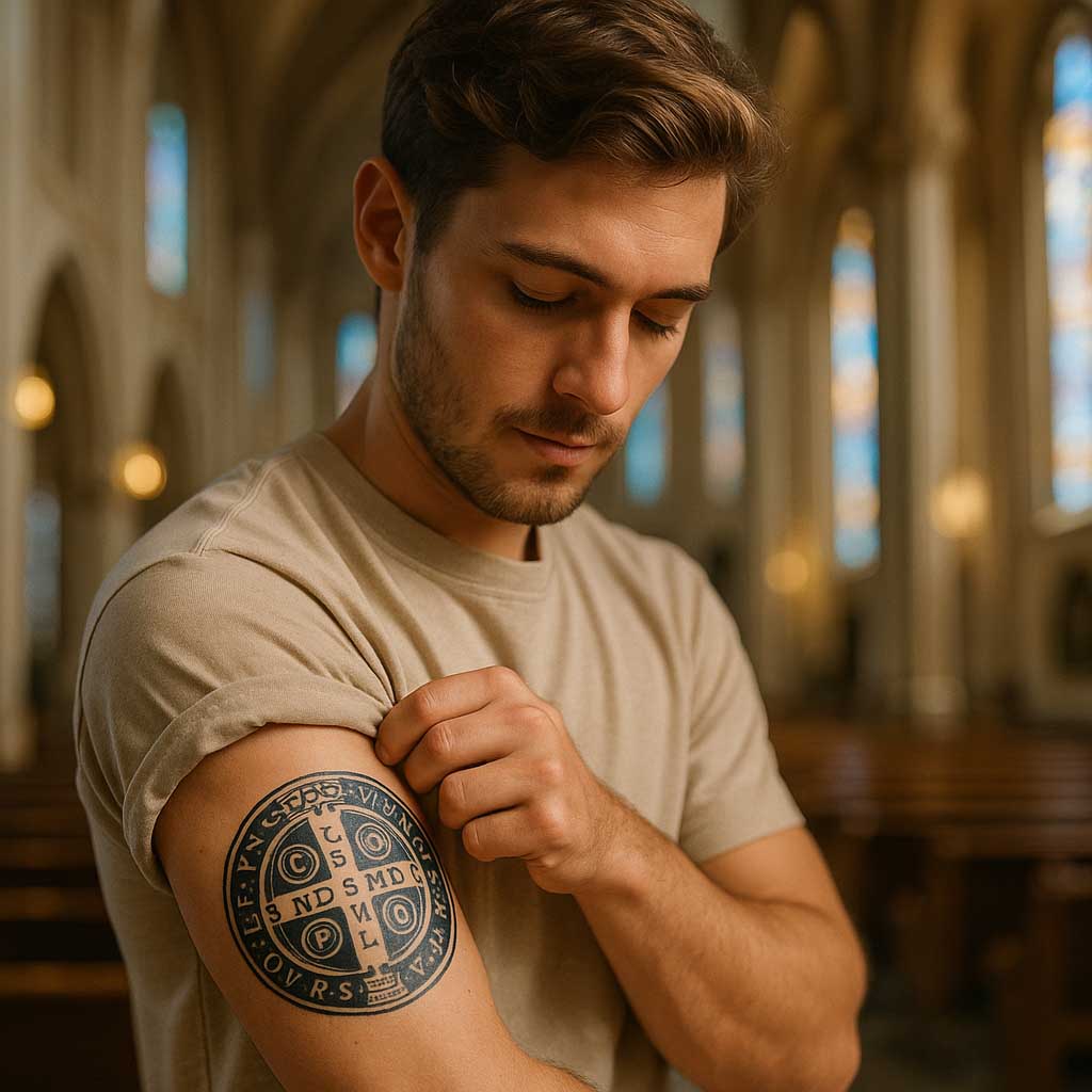 tatuagem da Medalha de São Bento no braço dos jovens católicos Descubra o verdadeiro significado da tatuagem da Medalha de São Bento, sua origem, simbolismo e o que a Igreja Católica ensina sobre ela.