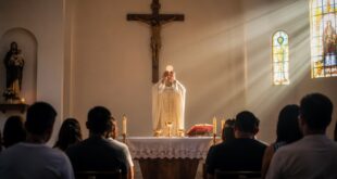 As partes da Santa Missa, a estrutura da celebração, o significado de cada rito, a Liturgia da Palavra, a Liturgia Eucarística e a Comunhão.