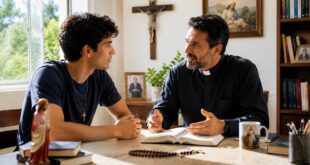Jovem católico recebendo orientação de um guia espiritual católico