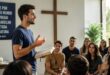 Pregação Católica com jovem evangelizador anunciando a Palavra de Deus em grupo jovem