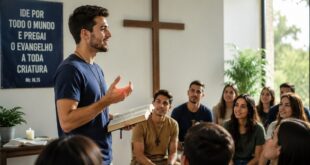 Pregação Católica com jovem evangelizador anunciando a Palavra de Deus em grupo jovem