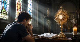 Discernimento dos espíritos segundo a Igreja Católica com jovem em oração e Bíblia aberta