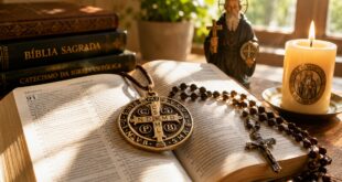 Medalha de São Bento em ambiente de oração, com Bíblia, vela e terço, representando proteção espiritual e fé católica.