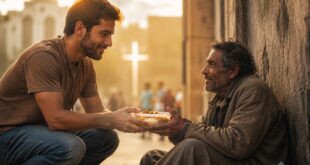 Pessoa católica ajudando alguém em situação de rua, simbolizando a caridade cristã e a dignidade humana ensinadas pela Igreja.